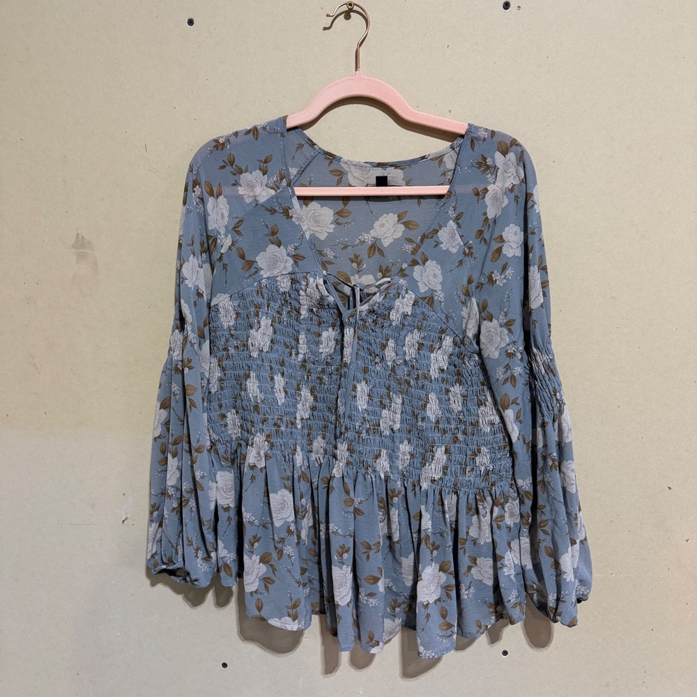 American Eagle Floral Smocked Peplum Blouse Blue Long Sleeve V-Neck Tie Top L